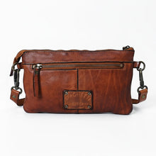 Load image into Gallery viewer, Santa Rosa studded leather crossbody purse in cognac, front zip pocket view | Dodi Jo's
