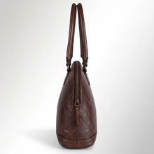 Load image into Gallery viewer, Side view of the Harley dark brown leather dome satchel showing the zip-around top, diamond quilting and rolled handles
