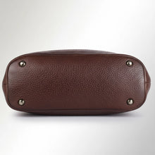 Load image into Gallery viewer, Base of the Harley dark brown leather satchel showing pebbled leather and four protective brass feet
