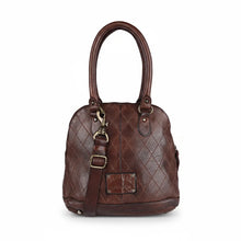 Load image into Gallery viewer, Harley diamond quilted leather dome satchel in dark brown with the leather logo patch and crossbody strap clipped on
