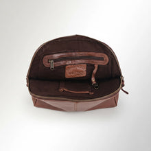 Load image into Gallery viewer, Inside the Harley dark brown leather satchel showing cotton lining, zip pocket, slip pocket and key clip

