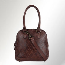 Load image into Gallery viewer, Harley diamond quilted Italian leather dome satchel in dark brown, front view with detachable crossbody strap
