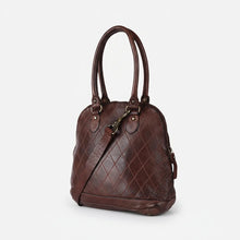Load image into Gallery viewer, Harley diamond quilted Italian leather dome satchel in dark brown, angled view with side zipper and crossbody strap
