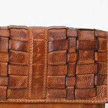 Load image into Gallery viewer, Close-up of the Wren wallet's hand-woven tan leather basketweave and smooth stitched center band
