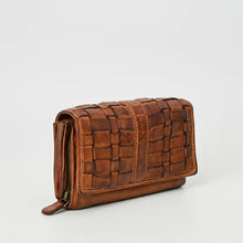 Load image into Gallery viewer, Side angle of the Wren woven leather wallet showing the accordion gussets, zip compartment, and leather zip pull
