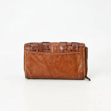 Load image into Gallery viewer, Back view of the Wren tan leather wallet with smooth full-grain leather below the woven flap
