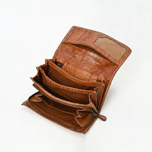 Load image into Gallery viewer, Wren woven leather wallet open to show card slots, ID window, snap flap, three accordion bill sections, and zip compartment
