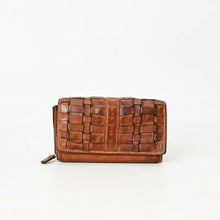 Load image into Gallery viewer, Front view of the Wren tan woven leather wallet with a hand-woven basketweave flap and smooth stitched center band
