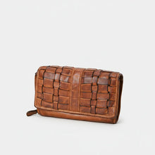 Load image into Gallery viewer, Angled front view of the Wren tan basketweave leather wallet showing the woven flap and zip pull
