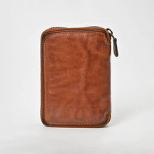 Load image into Gallery viewer, Back view of the Penny tan compact leather wallet showing smooth washed leather and the leather zip pull
