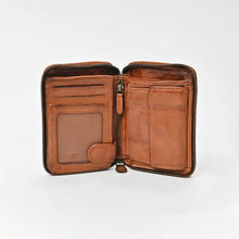 Load image into Gallery viewer, Penny compact leather wallet standing open showing card slots, ID window with tab closure, zip pocket, and bill sections
