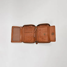 Load image into Gallery viewer, Top-down view of the Penny wallet laid fully open with fold-out ID window, card slots, zip pocket, and snap pocket
