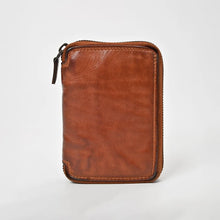 Load image into Gallery viewer, Front view of the Penny tan zip-around compact leather wallet in washed Italian leather with stitched edges
