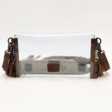 Load image into Gallery viewer, Two Step clear crossbody purse back view with leather side trim, fringe and swivel clips

