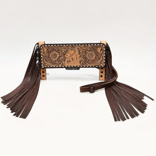 Load image into Gallery viewer, Palomino clear crossbody purse with hand tooled horse head and sunflower flap, white buckstitch and long leather fringe
