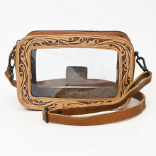Load image into Gallery viewer, Window Rock tan leather camera crossbody with clear vinyl window framed in hand tooled scrollwork

