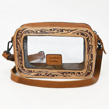Load image into Gallery viewer, Window Rock leather crossbody front view with tooled window frame and adjustable leather strap
