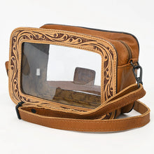 Load image into Gallery viewer, Window Rock hand tooled leather clear window crossbody purse with adjustable strap, angled view
