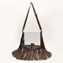 Load image into Gallery viewer, Curtain Call clear fringe crossbody purse with tooled turquoise-trimmed panel and adjustable leather strap
