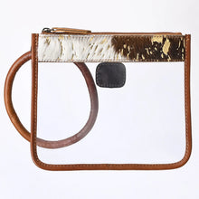 Load image into Gallery viewer, Gold Dust clear wristlet clutch with gold-flecked hair-on cowhide band, tan leather frame and bangle handle
