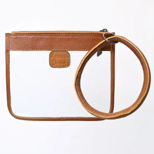 Load image into Gallery viewer, Gold Dust clear wristlet clutch back view with tan leather top band and bangle handle
