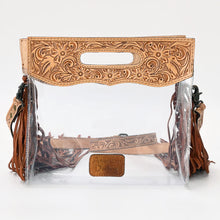 Load image into Gallery viewer, Cinch clear crossbody purse back view with tooled top panel and leather fringe
