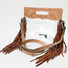 Load image into Gallery viewer, Cinch hand tooled leather fringe clear crossbody purse with tooled buckle strap, angled view
