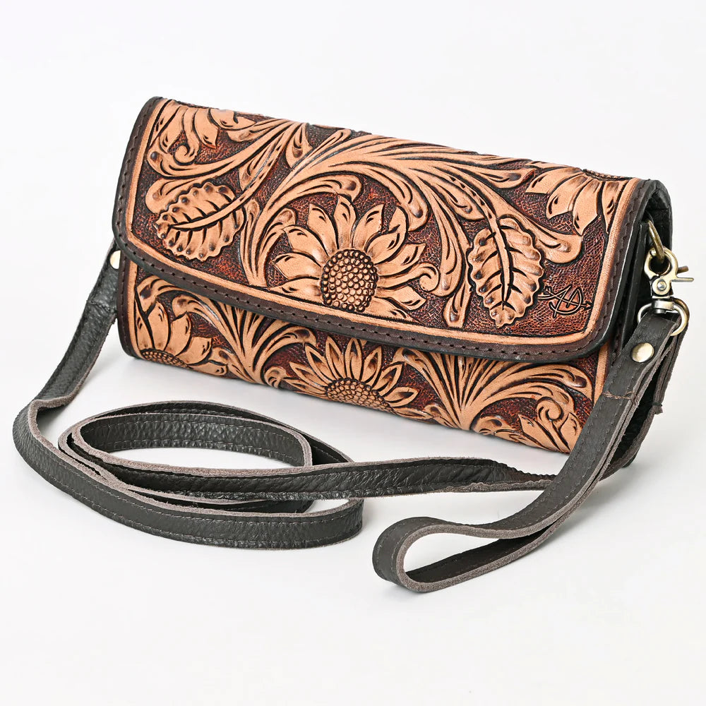 Bronze Bridle Hand Tooled Leather Crossbody Wallet