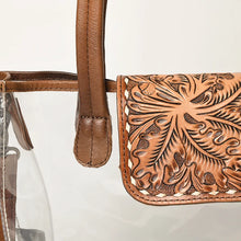 Load image into Gallery viewer, Close-up of Acorn Ridge hand tooled leather flap with carved oak leaves, acorns and white buckstitch edging
