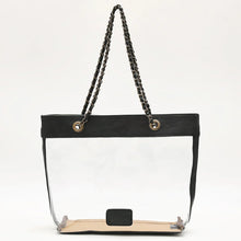 Load image into Gallery viewer, Midnight Bloom clear tote back view with black leather band and chain handles
