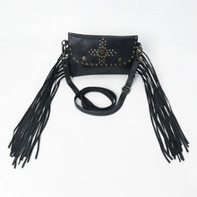 Load image into Gallery viewer, Estrella black leather fringe crossbody laid flat with long side fringe spread out and the adjustable strap looped below
