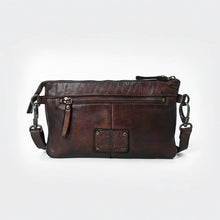 Load image into Gallery viewer, Santa Rosa studded leather crossbody purse in brown, front zip pocket view | Dodi Jo's
