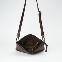 Load image into Gallery viewer, Inside the Santa Rosa leather crossbody in brown with zip pocket and key clip | Dodi Jo's
