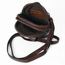 Load image into Gallery viewer, Dark brown leather phone crossbody opened to show two fabric-lined zip compartments
