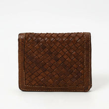 Load image into Gallery viewer, Front of brown Italian leather bifold wallet with hand-woven basketweave panel framed in stitched smooth leather

