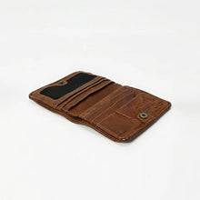 Load image into Gallery viewer, Angled view of open brown leather bifold wallet showing card slots and ID window
