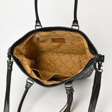 Load image into Gallery viewer, Inside the Maple Creek black tote showing zip-top opening, printed lining, interior zip pocket and slip pockets
