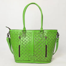 Load image into Gallery viewer, Back of the Maple Creek green tote showing basketweave-stamped leather, tooled handle tabs and two vertical zip pockets including the concealed carry pocket

