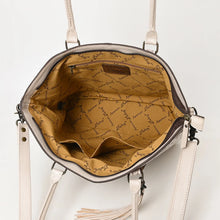 Load image into Gallery viewer, Inside the Maple Creek white tote showing zip-top opening, printed lining, interior zip pocket and slip pockets

