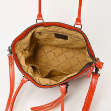 Load image into Gallery viewer, Inside the Maple Creek red tote showing zip-top opening, printed lining, interior zip pocket and slip pockets
