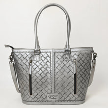 Load image into Gallery viewer, Back of the Maple Creek silver tote showing basketweave-stamped leather, tooled handle tabs and two vertical zip pockets including the concealed carry pocket
