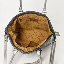 Load image into Gallery viewer, Inside the Maple Creek silver tote showing zip-top opening, printed lining, interior zip pocket and slip pockets

