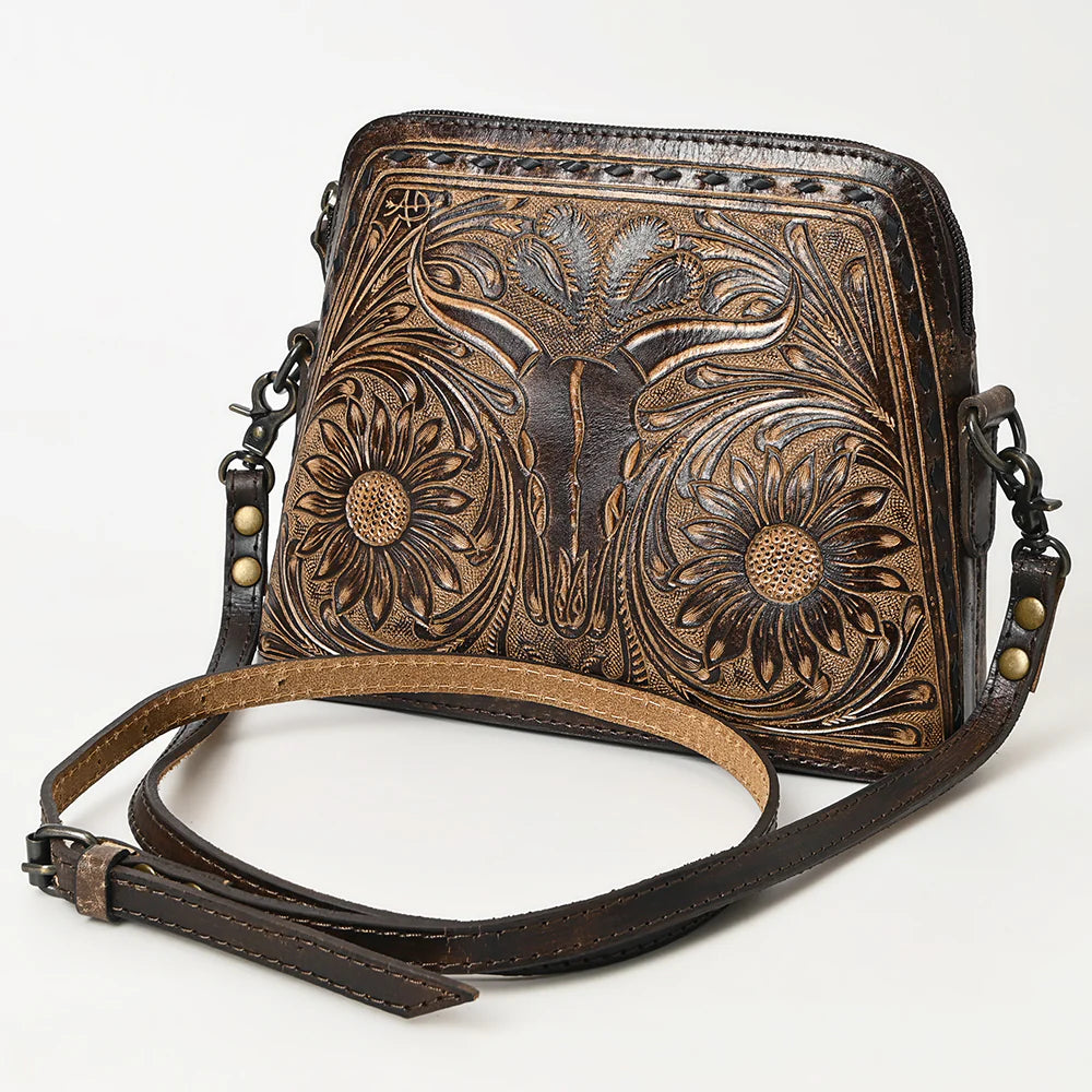 Longhorn Belle Hand Tooled Leather Crossbody Purse