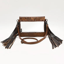 Load image into Gallery viewer, Brass Tacks clear crossbody purse in Brown with hand tooled floral band, brass studs and long fringe
