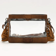 Load image into Gallery viewer, Brass Tacks clear crossbody purse in Brown, back view with leather trim and fringe
