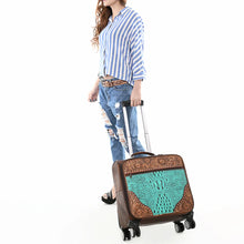 Load image into Gallery viewer, Charlton brown leather travel case with hand-tooled floral carving and turquoise crocodile embossed panel

