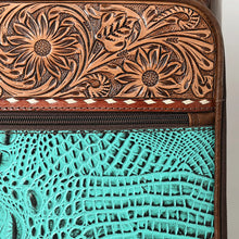 Load image into Gallery viewer, Charlton brown leather travel case with hand-tooled floral carving and turquoise crocodile embossed panel
