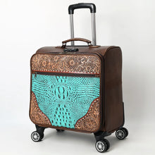 Load image into Gallery viewer, Charlton brown leather travel case with hand-tooled floral carving and turquoise crocodile embossed panel
