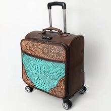 Load image into Gallery viewer, Charlton brown leather travel case with hand-tooled floral carving and turquoise crocodile embossed panel
