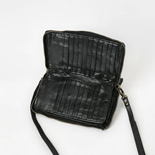 Load image into Gallery viewer, Inside of black leather organizer crossbody showing rows of card slots
